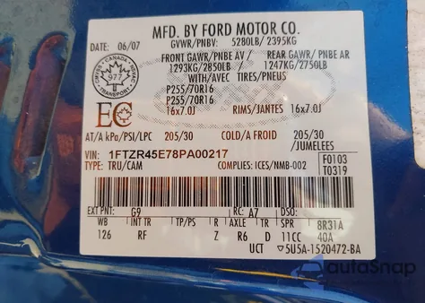 2008 Ford Ranger Fx4 Off-Road/Sport/Xlt из США, поврежденный, VIN 1FTZR45E78PA00217